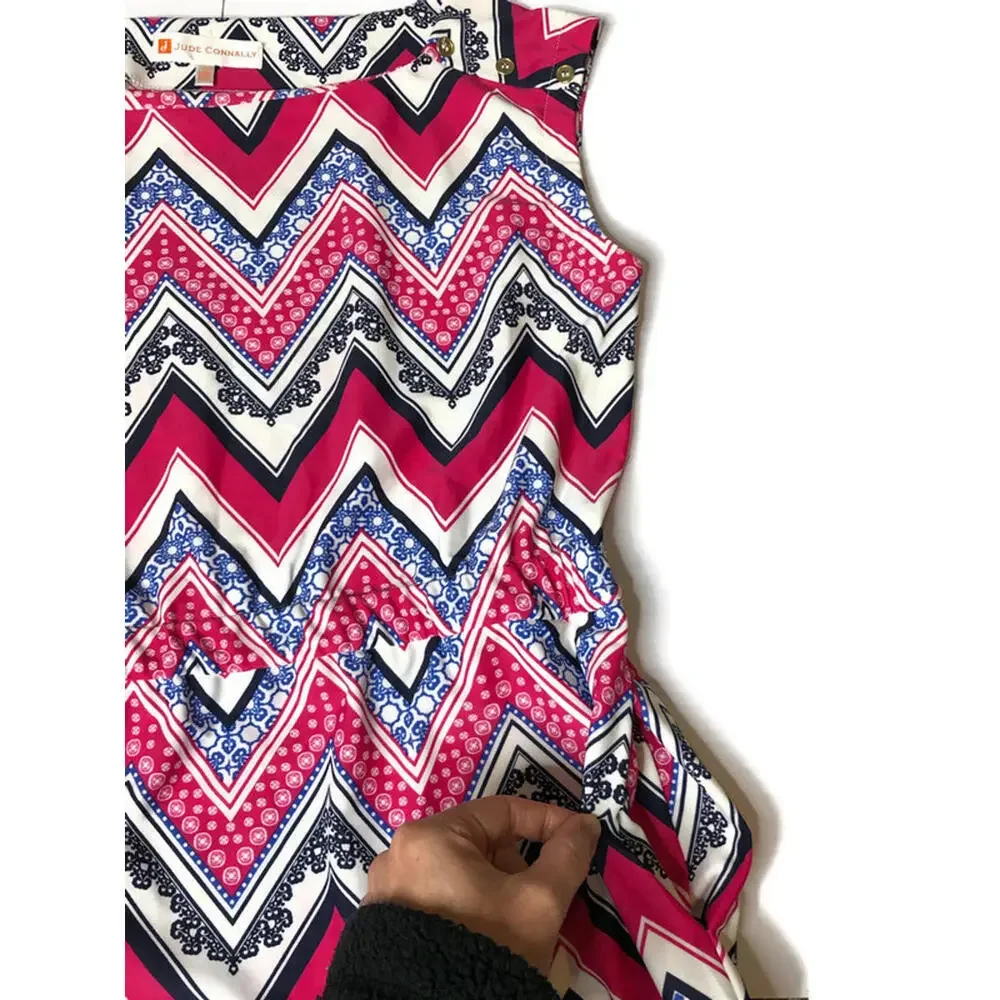 Jude Connally A Line Dress Cap Sleeve Pink Geometric Chevron Print Pockets S - Picture 6 of 9